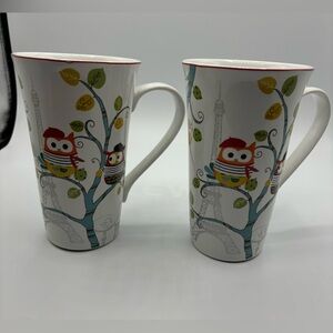 222 Fifth Enchanted Woods Paris Owl Ceramic Coffee Mugs - Lot of 2